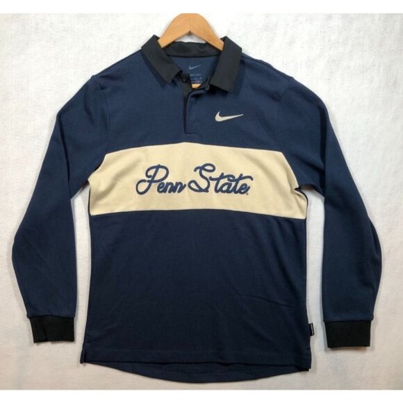 Nike PENN STATE Rugby Polo Shirt Navy Blue Embroidered Scroll Logo Unisex Medium - Picture 2 of 12